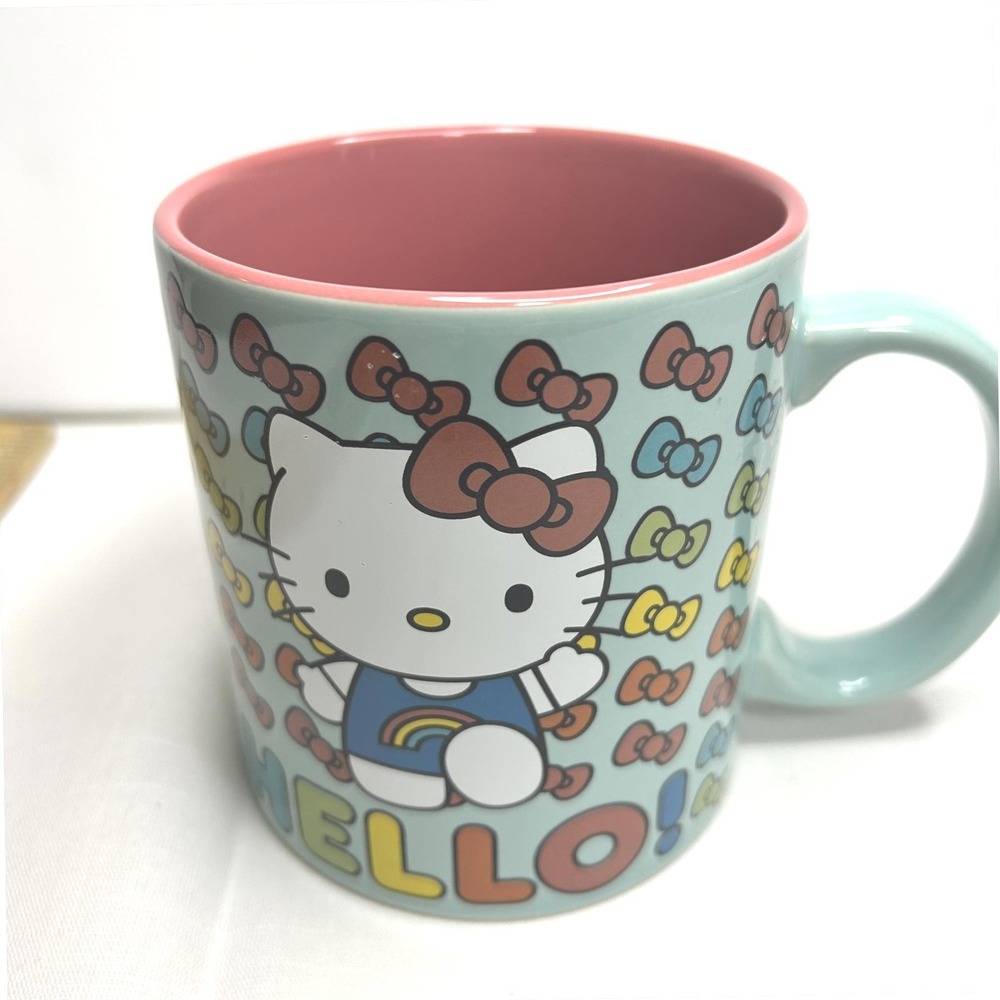Sanrio Hello Kitty 20oz Ceramic Mug Blue Pink Bows Rainbow 2024